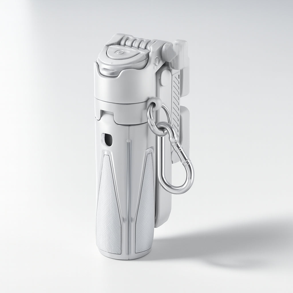 White multifunctional phone camera grip with carabiner on a light gray background