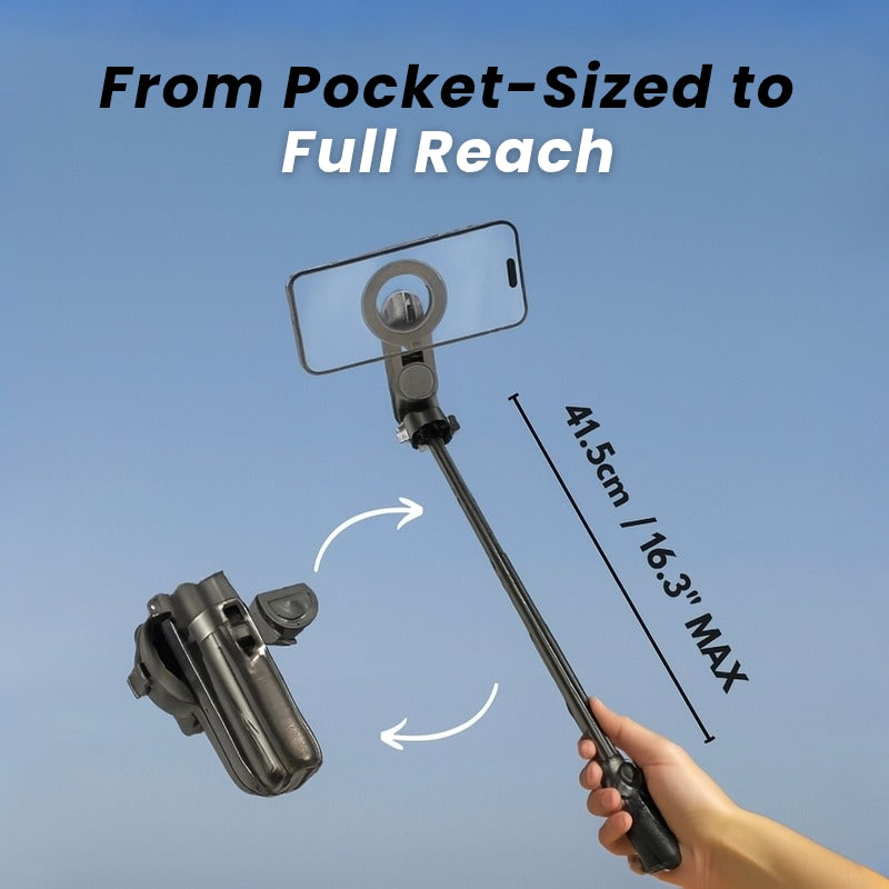 Extendable phone holder with a hand holding it, showing its reach from pocket-sized to full reach on a blue background.