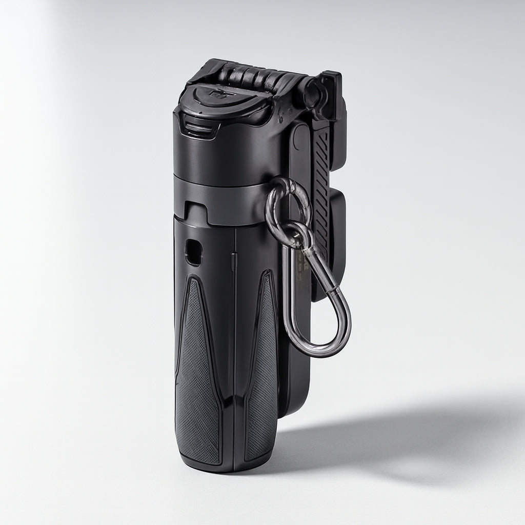 Black multifunctional phone camera grip with carabiner on a light gray background