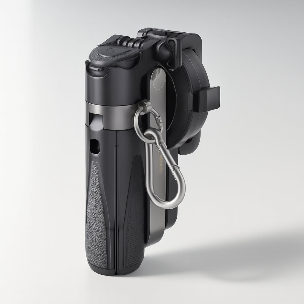 Black MagSafe multifunctional phone camera grip with carabiner on a light gray background