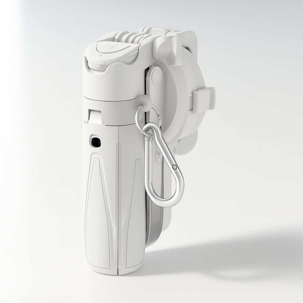 White MagSafe multifunctional phone camera grip with carabiner on a light gray background